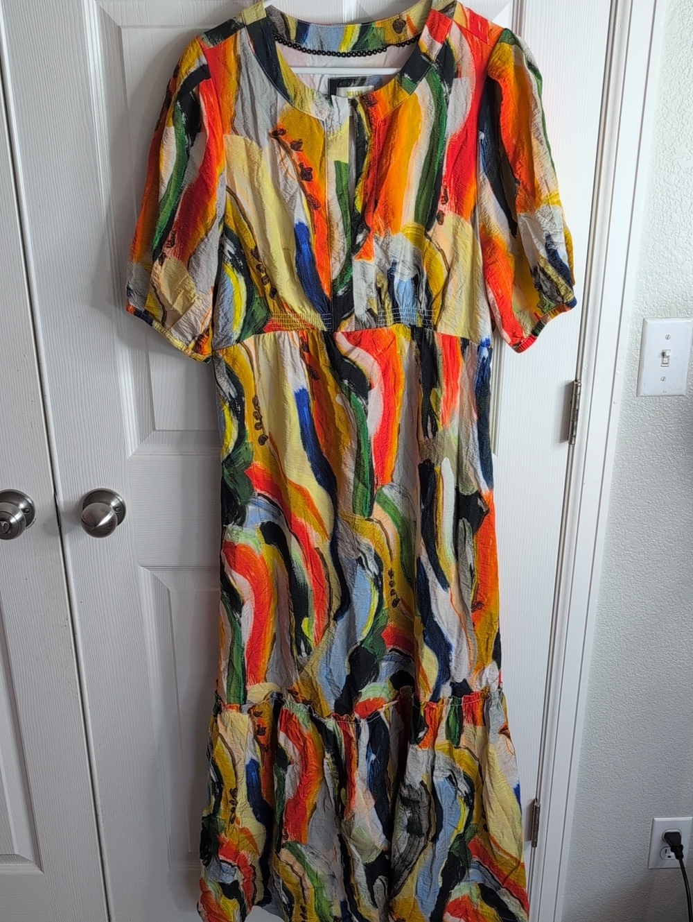 Maeve Multicolor Abstract-Print Maxi Dress — Yellow, Orange, Black, Blue Size XL